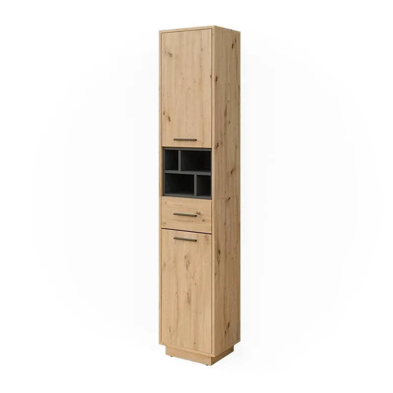 Dulap de baie Beatrice Stejar artizanal/antracit 38x190 cm cu uși, sertar Vicco Discount