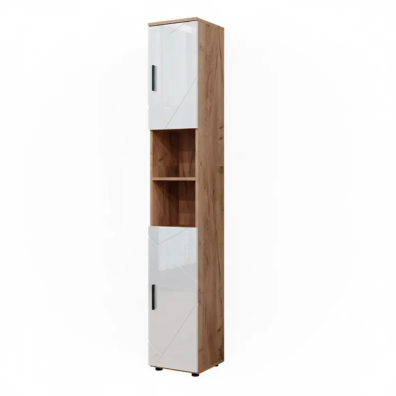 Ofertă specială Dulap de baie Irma Alb lucios/stejar Goldkraft 30x192 cm cu uși și compartimente deschise Vicco