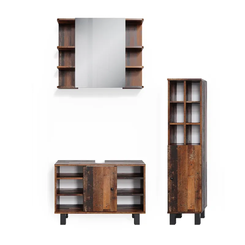 Set mobilier baie Fynn Stejar rustic 3 părți, cu ușă mare dulap midi Vicco Preferatul clienților