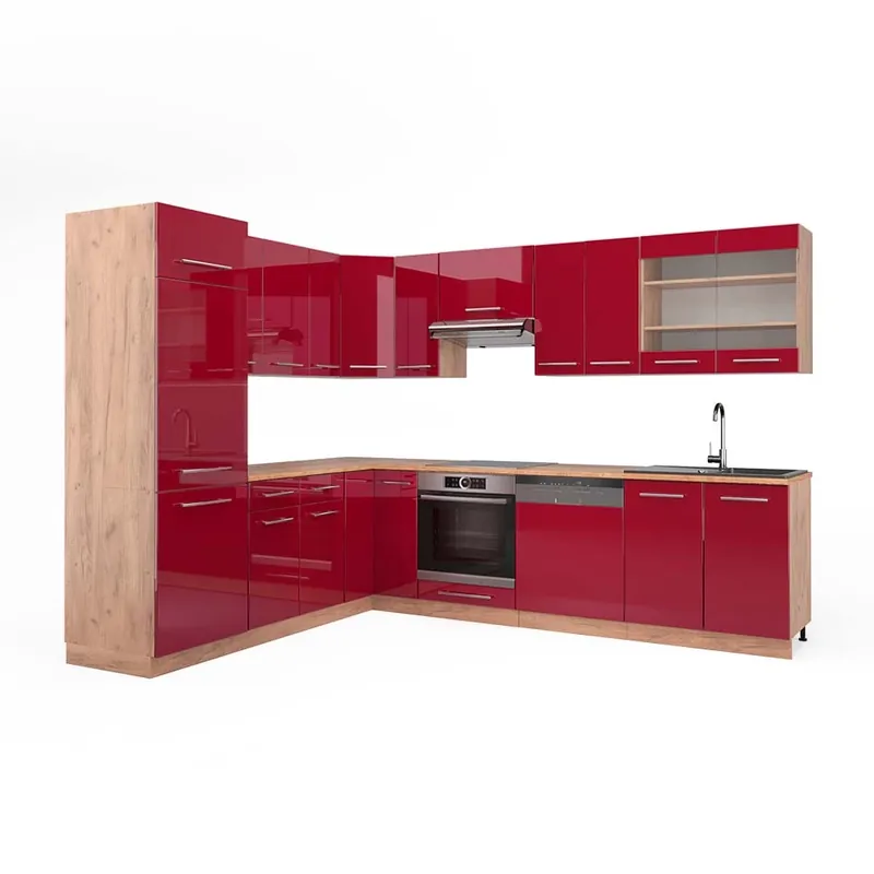 Reducere extra Bucătărie de colț Fame-Line Bordeaux lucios/stejar Goldkraft 227 x 60 cm , AP Stejar Vicco