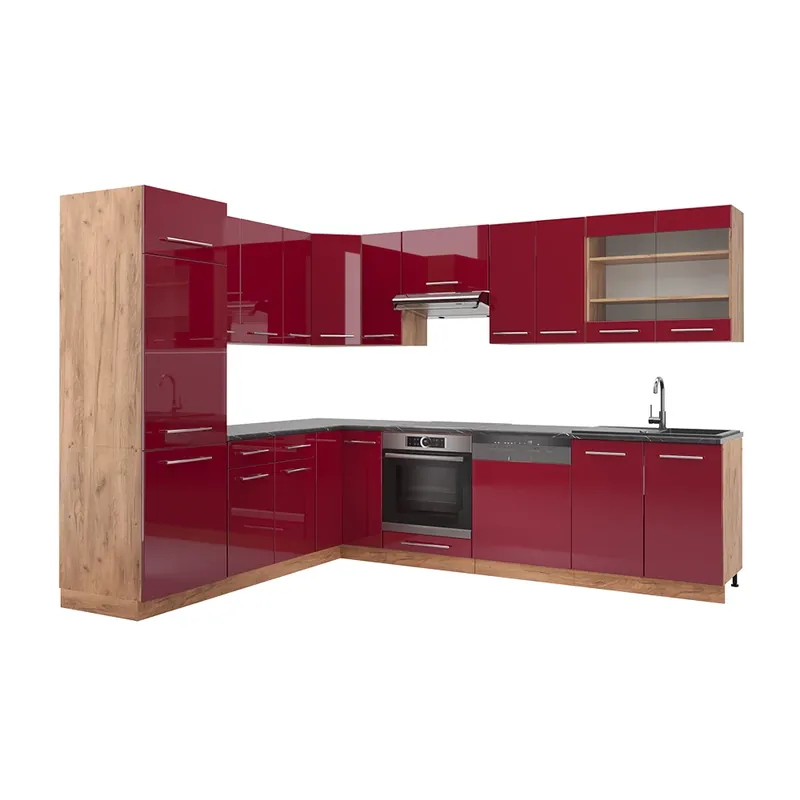 Bucătărie de colț Fame-Line Bordeaux lucios/stejar Goldkraft 227 x 60 cm , AP Antracit Vicco Doar azi