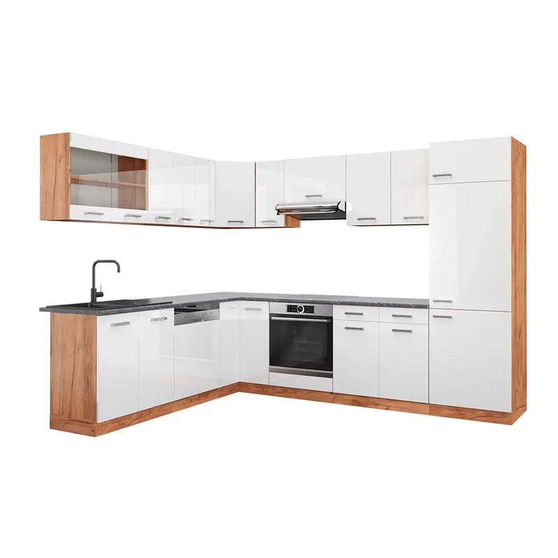 Expediere rapidă Bucătărie de colț R-Line Alb lucios/stejar Goldkraft 287 x 60 cm , AP Antracit Vicco