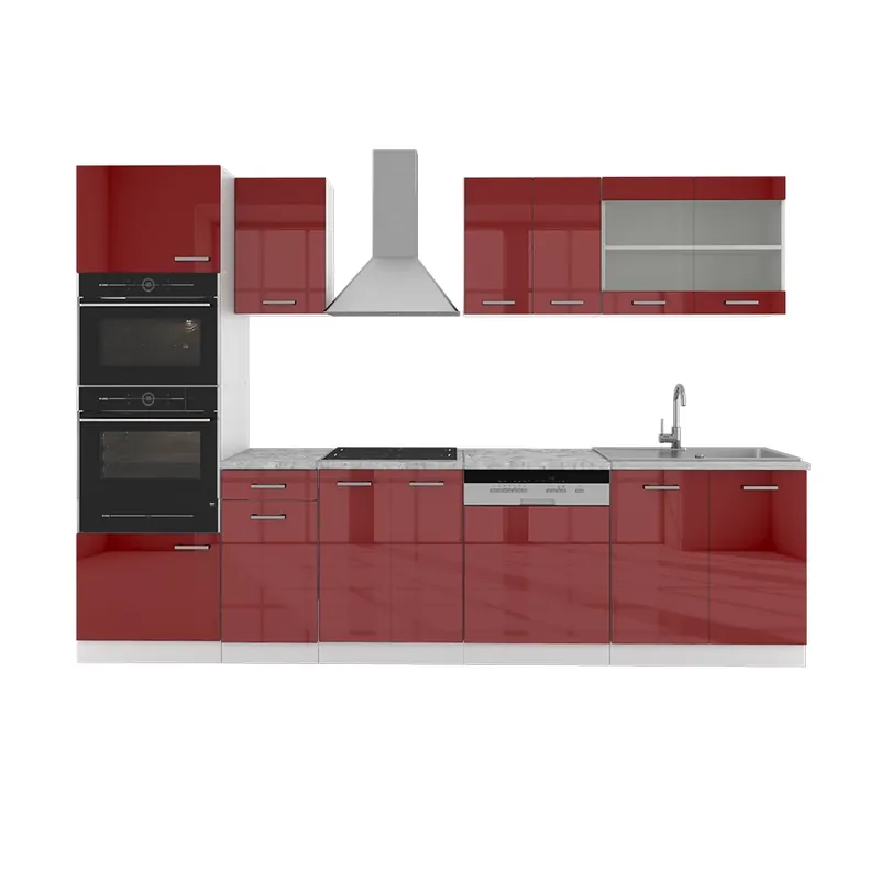 Kitchenette R-Line Roșu/alb lucios 300 cm cu dulap înalt, marmură AP Vicco Preț redus