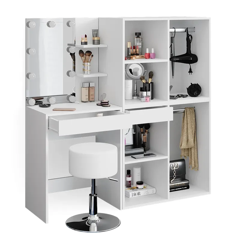 Masă de toaletă Isabelle Alb 140 cm cu LED, taburete si dulapuri Vicco Bestseller