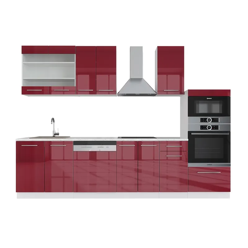 Kitchenette Fame-Line Bordeaux lucios/alb 300 cm cu dulap înalt, fără blat Vicco Popular
