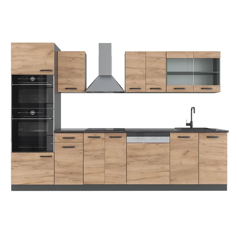 Reducere de preț Kitchenette R-Line Stejar Goldkraft/antracit 300 cm cu dulap înalt, fără blat Vicco