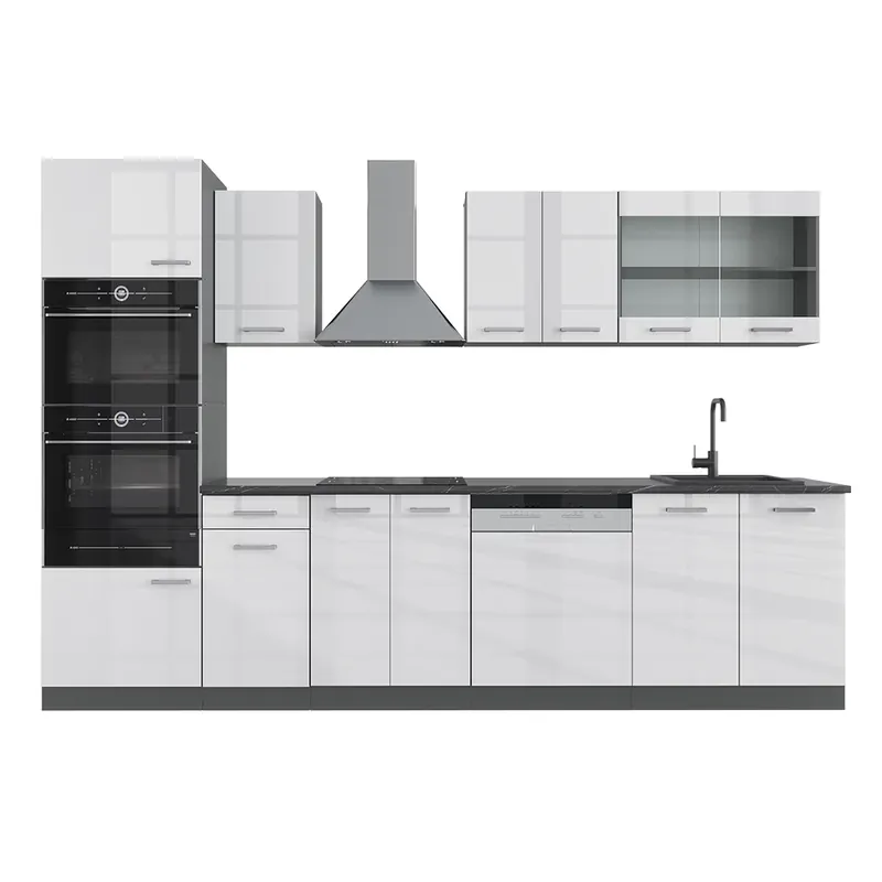 Ofertă exclusivă Kitchenette R-Line Alb lucios/antracit 300 cm cu dulap înalt, fără blat Vicco
