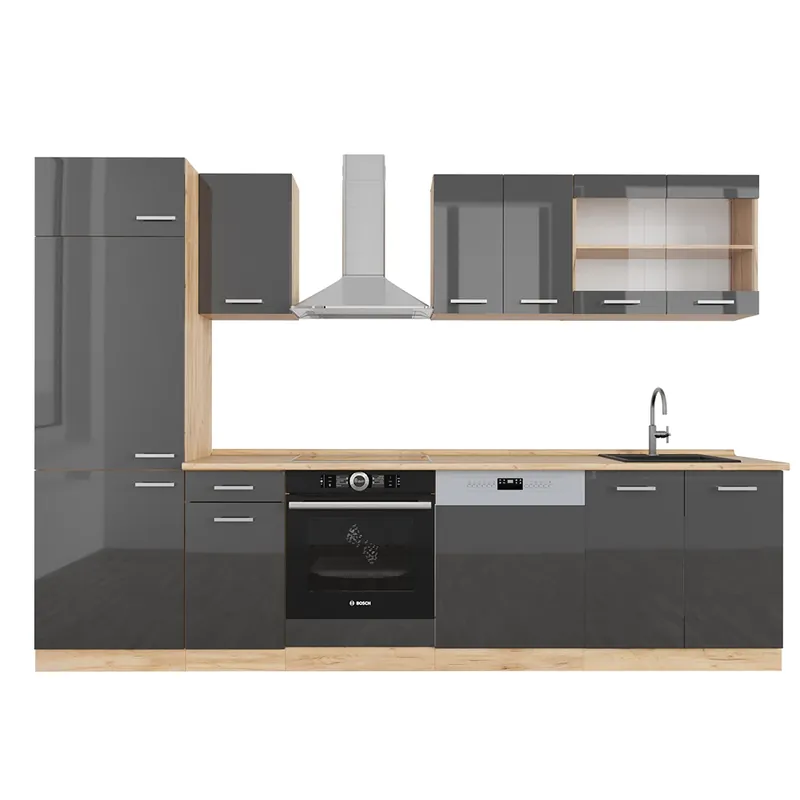 Kitchenette R-Line Antracit lucios/stejar Goldkraft 300 cm fara blat Vicco Retur ușor
