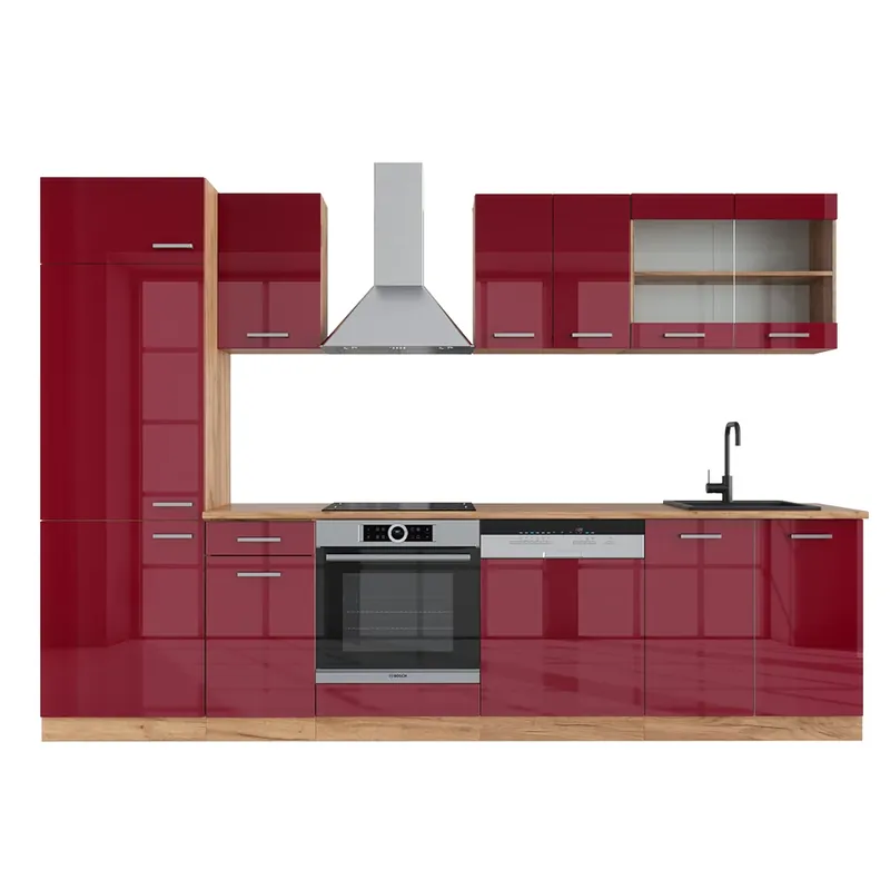 Kitchenette R-Line Stejar roșu/golden lucios 300 cm fara blat Vicco Super ofertă