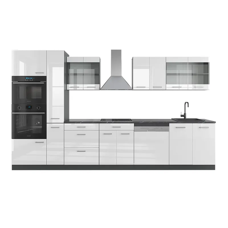 Super ofertă Kitchenette R-Line Alb lucios/antracit 350 cm cu dulap înalt, fără blat Vicco