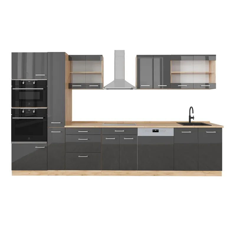 Chilipir Kitchenette R-Line Antracit lucios/stejar Goldkraft 350 cm cu dulap înalt, fără blat Vicco