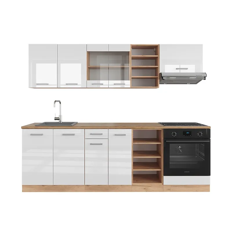 Kitchenette R-Line Alb lucios/stejar Goldkraft 240 cm fara blat Vicco Ultima șansă
