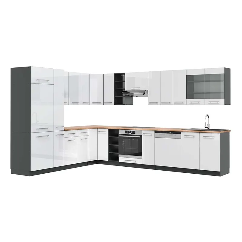 Livrare rapidă Bucătărie de colț Fame-Line Alb lucios/antracit 347 x 60 cm , AP Stejar Vicco