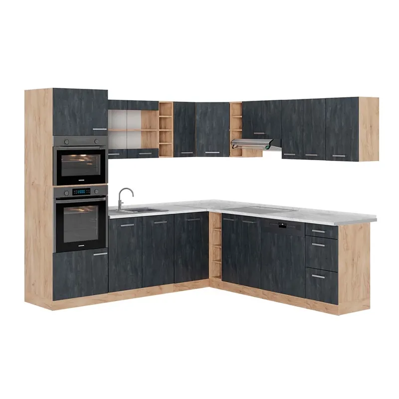 Premium Bucătărie de colț R-Line Beton negru/stejar Goldkraft 247 x 60 cm marmură AP Vicco