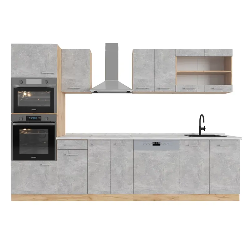 Kitchenette R-Line Beton / stejar auriu 300 cm cu dulap înalt, marmură AP Vicco Livrare rapidă
