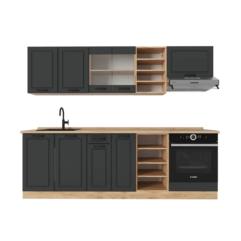 Kitchenette R-Line Casa de țară antracit / stejar auriu 240 cm fara blat Vicco Reducere extra