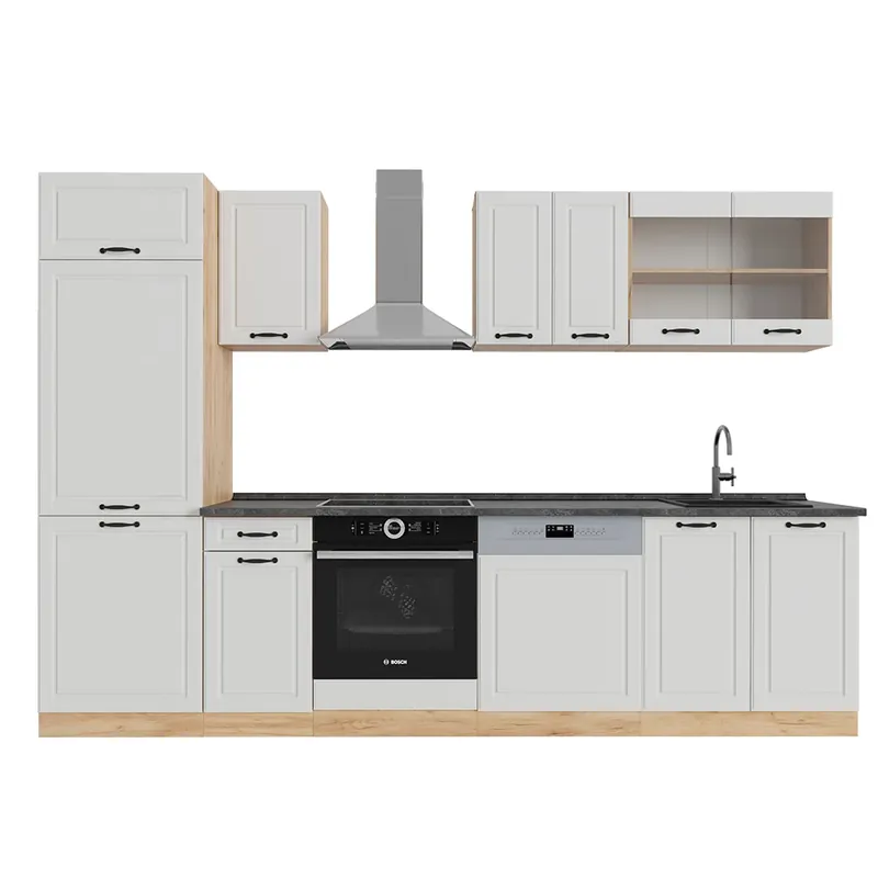 Kitchenette R-Line Casă de țară albă / stejar auriu 300 cm fara blat Vicco Nu rata