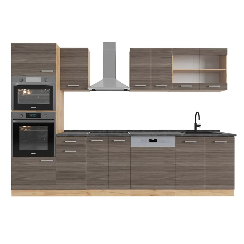 Ieftin Kitchenette R-Line Gri nobil / stejar auriu 300 cm cu dulap înalt, AP antracit Vicco