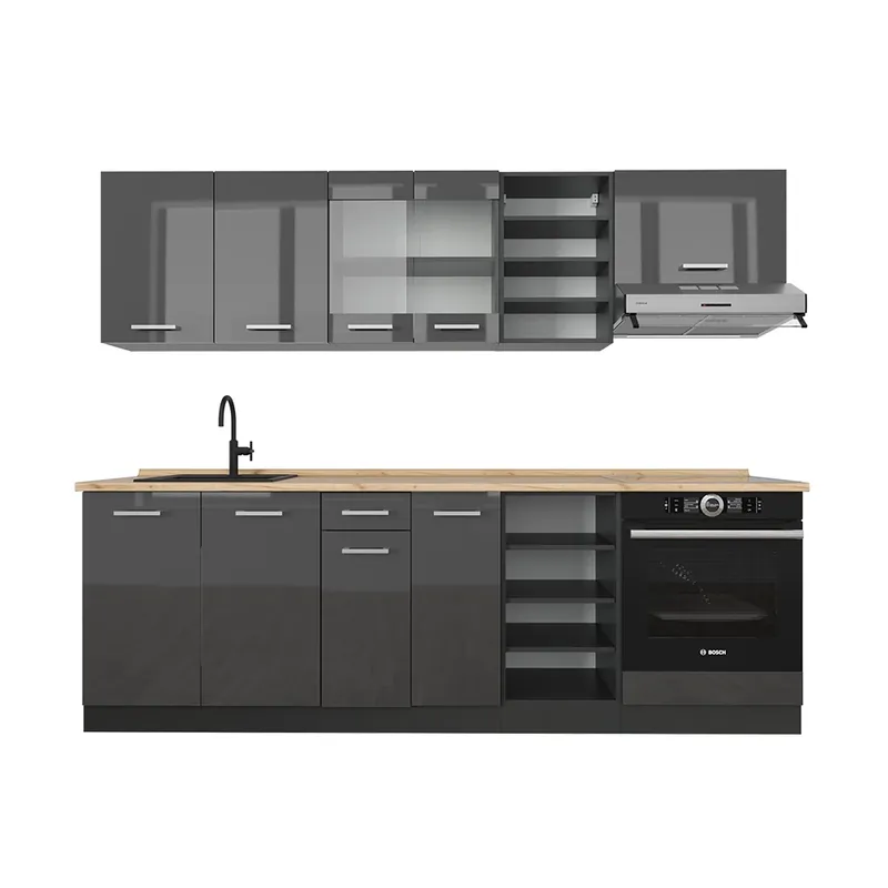 Kitchenette R-Line Antracit lucios/antracit 240 cm fara blat Vicco Mai ieftin