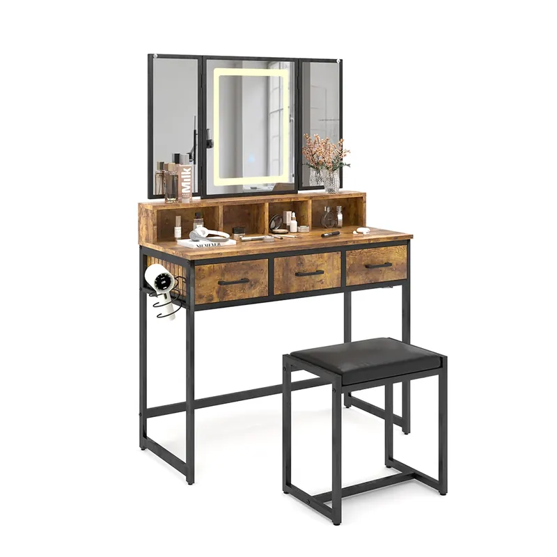 Masă de toaletă Fyrk Stejar rustic 90 cm cu taburet și oglindă LED Vicco Super ofertă