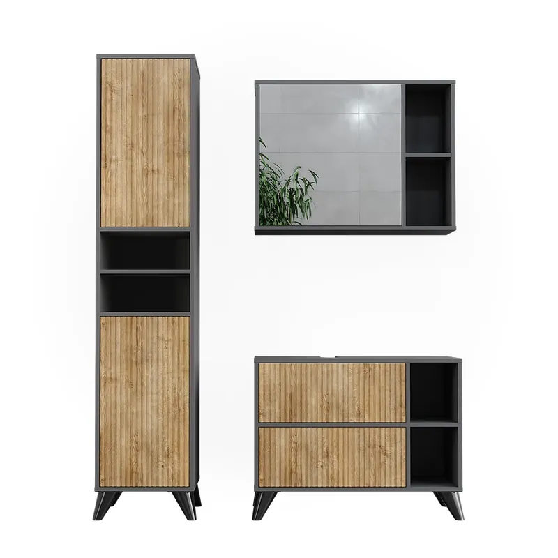 Popular Set mobilier baie Leano Antracit/ stejar de munte 80 cm, set 3 Vicco