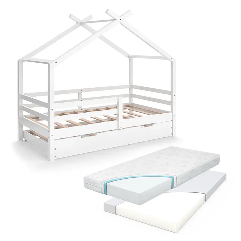 Pat de casa Luni Alb 160 x 80 cm Cu pat de oaspeți extensibil și saltele Vitalispa Chilipir