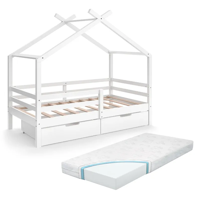 Pat de casa Luni Alb 160 x 80 cm cu cutii de depozitare și saltea Vitalispa Promoție