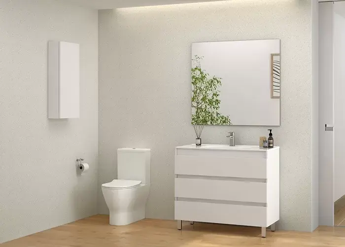 Set mobilier de baie stativ trei sertare, cu lavoar ceramic, oglinda si iluminare, Gala Daily 3C Ultima șansă