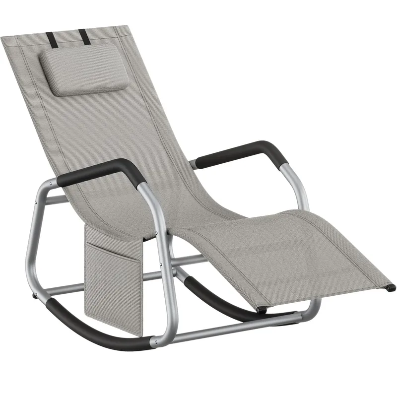 Doar azi SONGMICS Sezlong balansoar gradina, cu tetiera reglabila si buzunar lateral, cadru otel, maxim 150 kg, 151x56x97 cm, gri