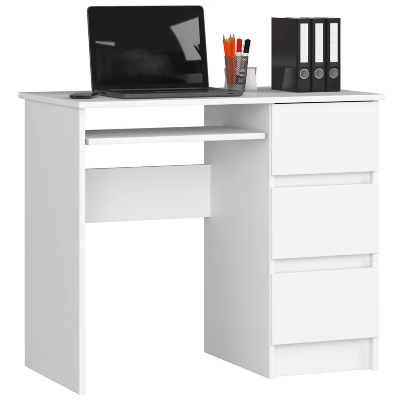 Preț promoțional Birou computer cu 3 sertare si raft pentru tastatura, dreapta, 90x50x77 cm, alb