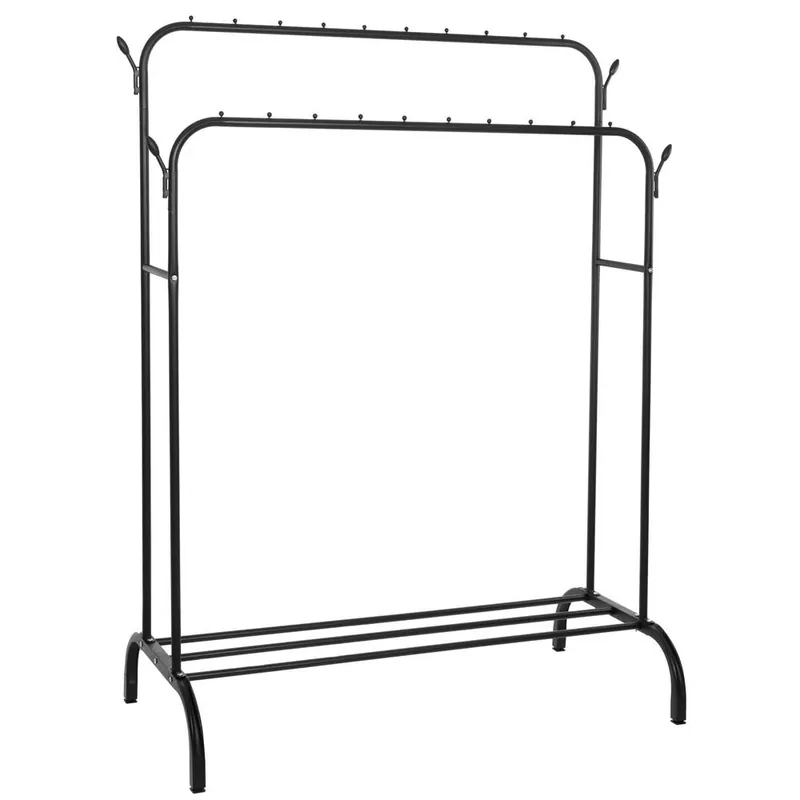 Suport pentru haine cu cadru metalic, cu sina dubla de agatat si carlige cuier, 55x110x146cm, negru Comandă acum
