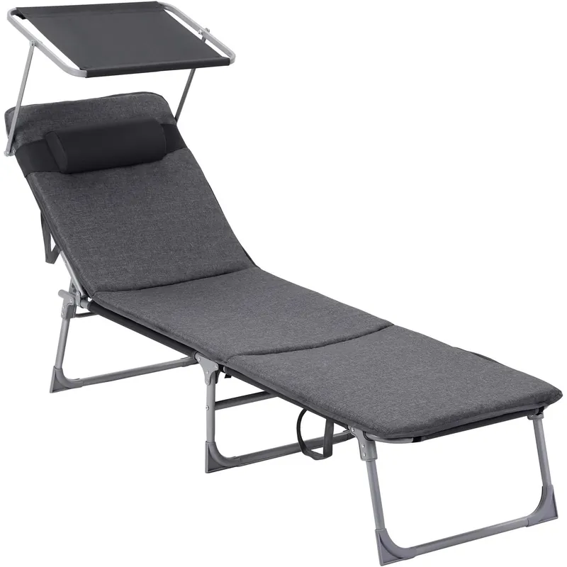 SONGMICS Sezlong pliabil, cu saltea, parasolar si tetiera, spatar reglabil in 4 pozitii, maxim 150kg, 193x53x30 cm, gri Ofertă