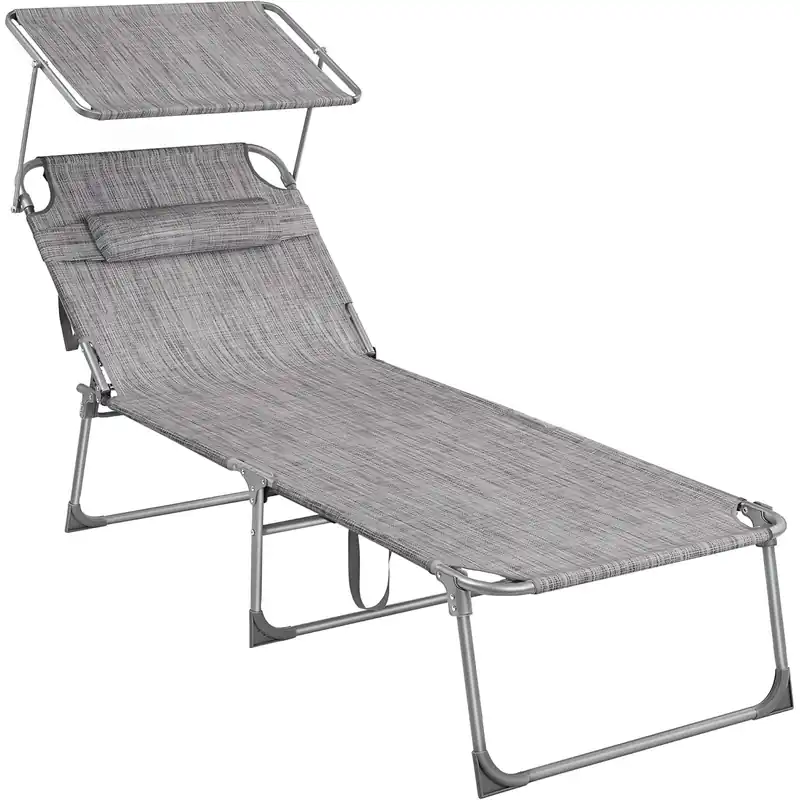 Preț promoțional SONGMICS Sezlong pliabil, cu parasolar si tetiera, spatar reglabil in 4 pozitii, maxim 150kg, 200x71x38 cm, gri