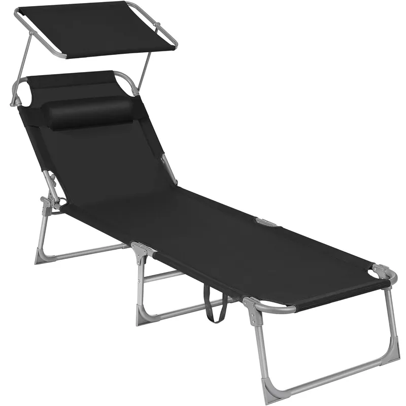 SONGMICS Sezlong pliabil, cu parasolar si tetiera, spatar reglabil in 4 pozitii, maxim 150kg, 193x53x29cm, negru Preț mic