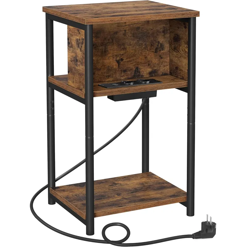 Reducere extra VASAGLE Noptiera cu prize si USB, 3 rafturi, stil industrial, 30x34x58 cm, maro rustic