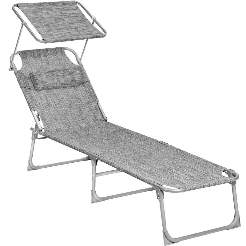 Reducere SONGMICS Sezlong pliabil, cu parasolar si tetiera, spatar reglabil in 4 pozitii, maxim 150kg, 193x53x29cm, gri deschis