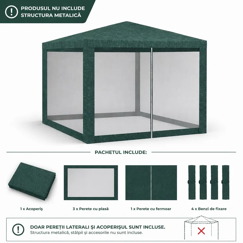 Cumpără online Set 4 pereti pentru pavilion gradina cu plasa tantari si acoperis, material PE 100 g/m2, 300×200 cm, verde
