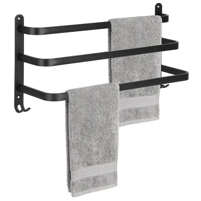 Expediere rapidă Suport prosoape pentru baie cu 2 sisteme de instalare, 3 brate, din aluminiu, 49x25cm, negru