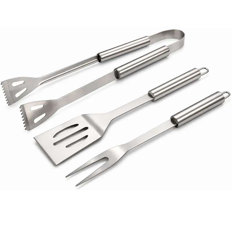 Set 3 ustensile pentru gratar din otel inoxidabil, spatula, furculita si cleste, cu husa Cumpără online
