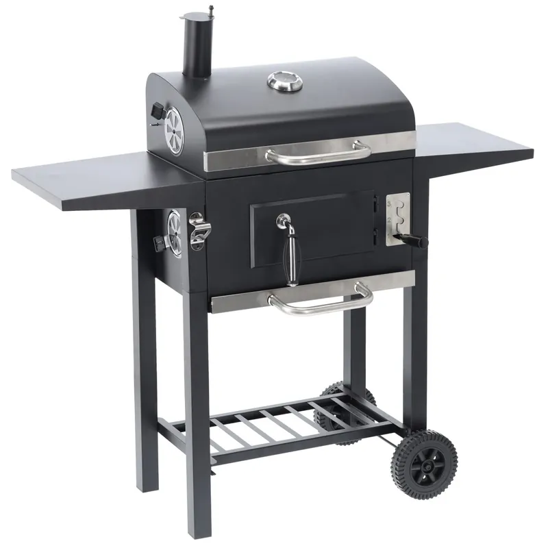 Gratar carbuni cu capac, manevrabil pe roti, termometru integrat, grill fonta, 109x46x107 cm, negru Plată securizată