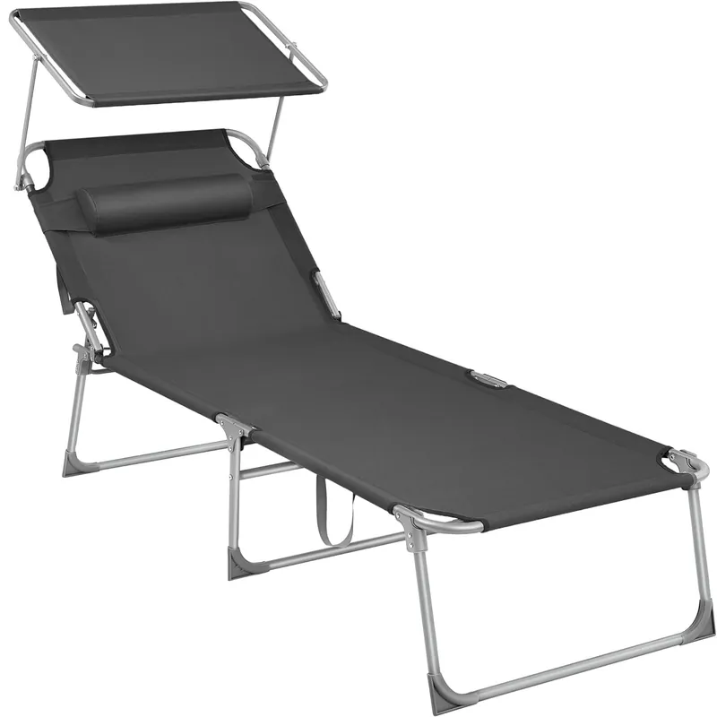 SONGMICS Sezlong pliabil, cu parasolar si tetiera, spatar reglabil in 4 pozitii, maxim 150kg, 200x71x38cm, gri Ultima șansă