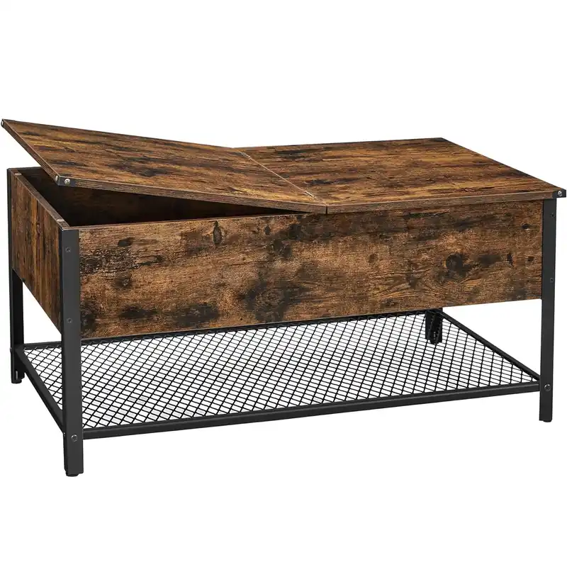 VASAGLE Masuta de cafea cu capac rabatabil, compartiment depozitare ascuns si raft plasa, industrial, 100x55x47cm, maro rustic si negru Chilipir