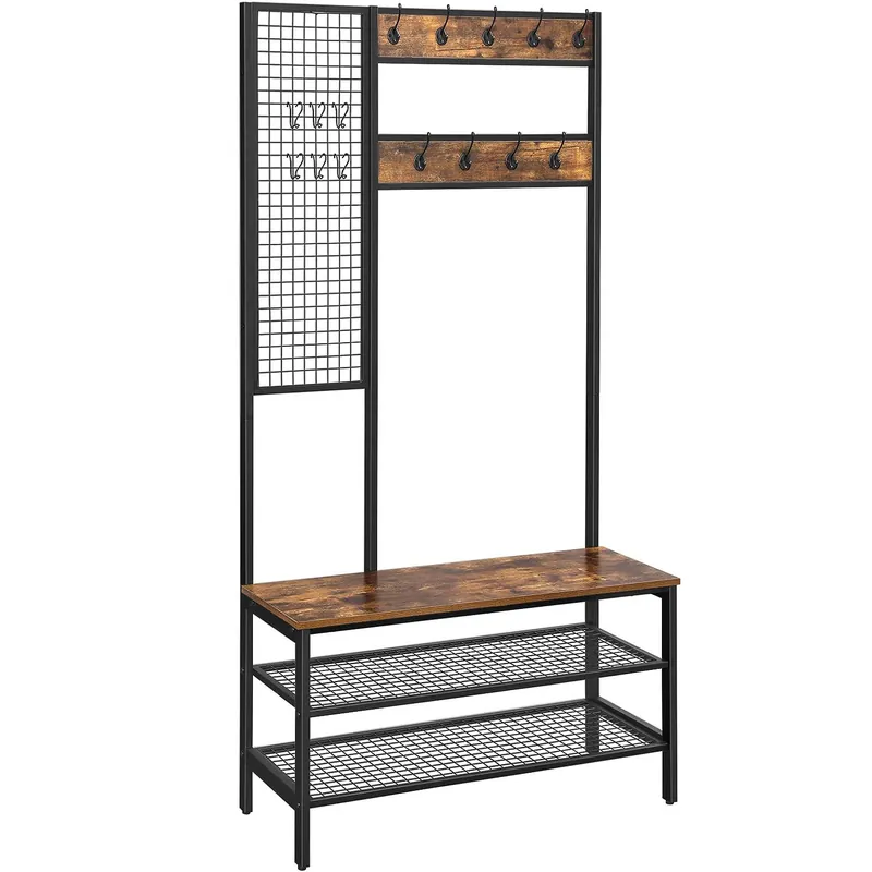 Super ofertă VASAGLE Cuier pentru haine cu banca, 2 polite pantofi, 9 carlige, cu perete grilaj, 185x98x40cm, vintage, maro inchis