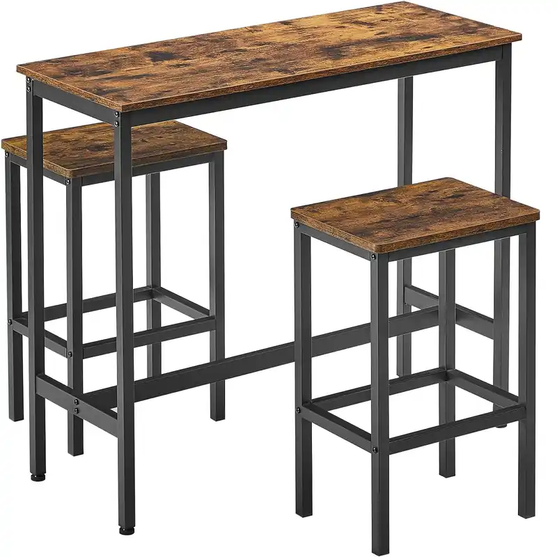 VASAGLE Set masa de bar cu 2 scaune, cadru din otel, blat lemn, design industrial, 100x40x90cm, maro rustic si negru Chilipir