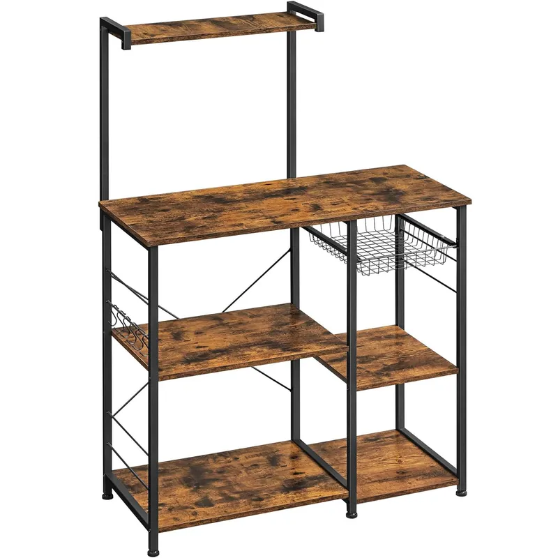 Lichidare de stoc VASAGLE Raft de bucatarie, suport pentru cuptorul cu microunde, cos de sarma, 6 carlige S, 39x90x132cm, maro rustic