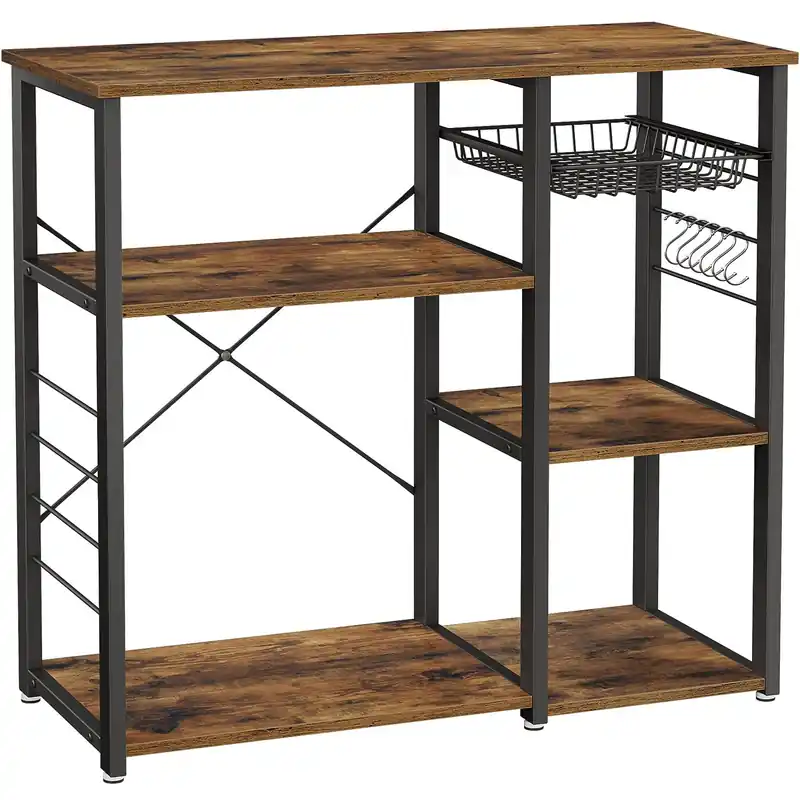 Popular (DL) VASAGLE Raft de bucatarie, suport pentru cuptorul cu microunde, cos de sarma, 6 carlige S, 90x40x84cm, maro rustic