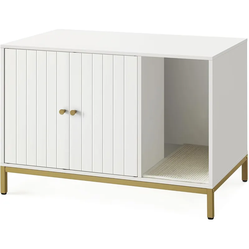 Doar azi FEANDREA Dulap mascat pentru litiera pisici, cu cadru metalic auriu, 80x50x55 cm, alb