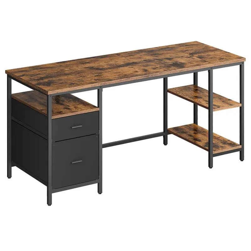 Ofertă VASAGLE Birou cu 3 rafturi si 2 sertare, cadru metalic si PAL, montaj reversibil, 160x60x76 cm, maro rustic