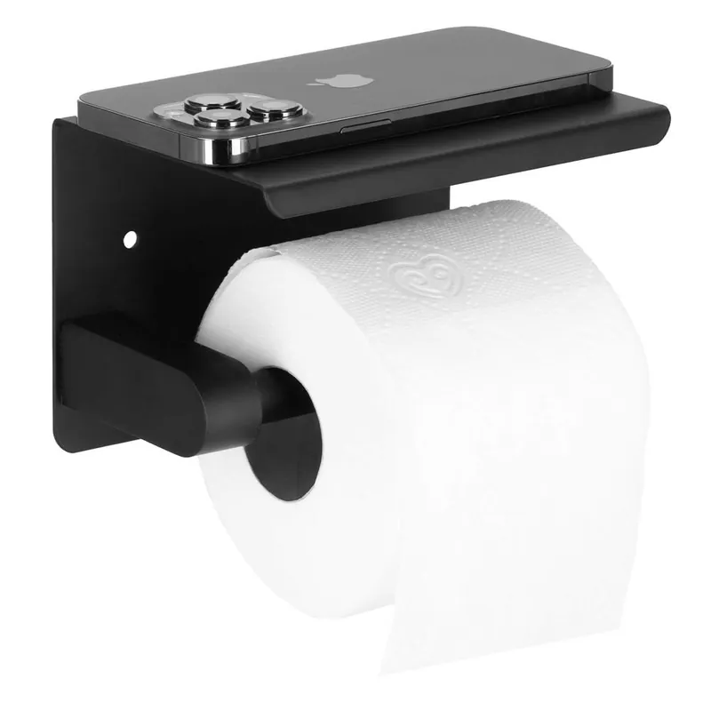 Suport hartie igienica din otel cu raft depozitare, prindere fara gaurire, 14cm, negru Discount
