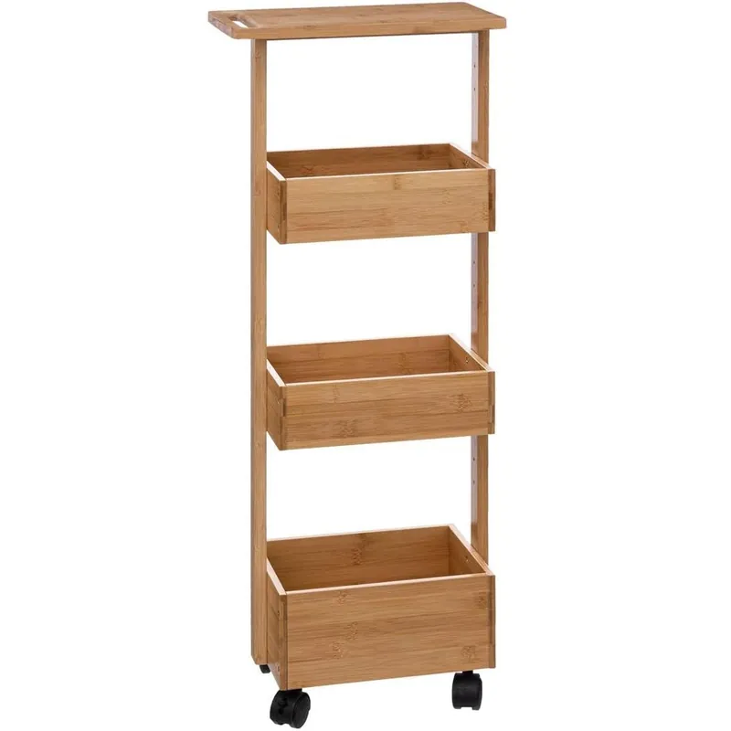 Etajera 5Five pentru spatii inguste, pe roti, 3 niveluri, bambus, 33x18x89 cm, natur Premium